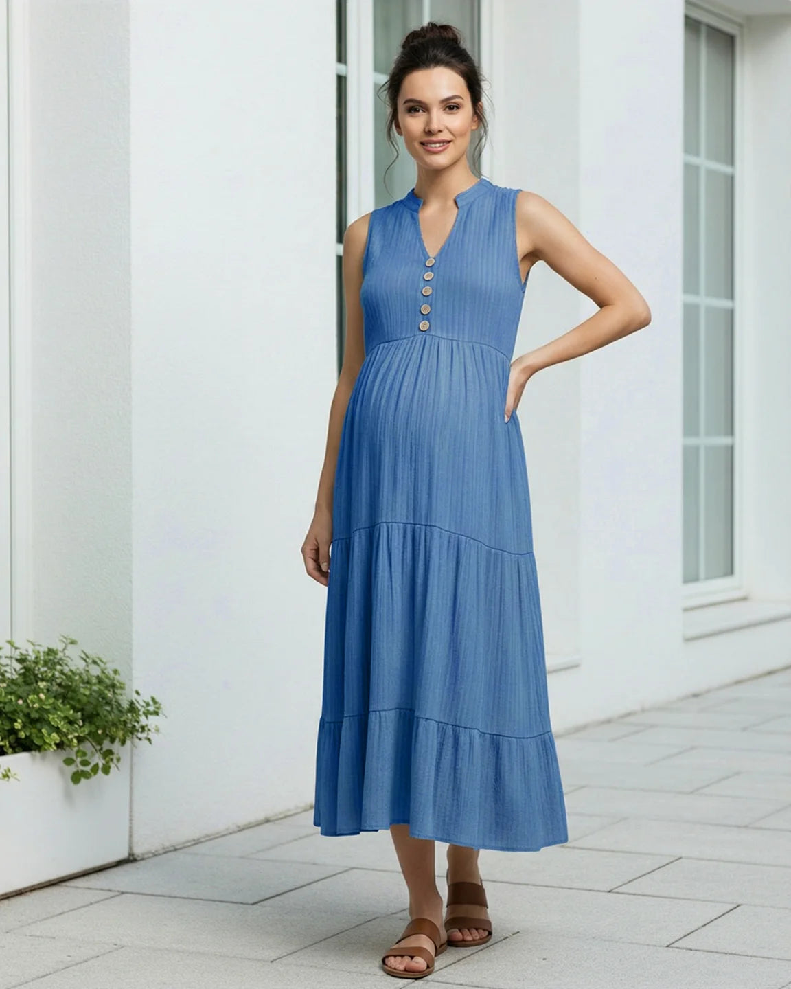Button-Front Detail Tiered Maternity Midi Dress