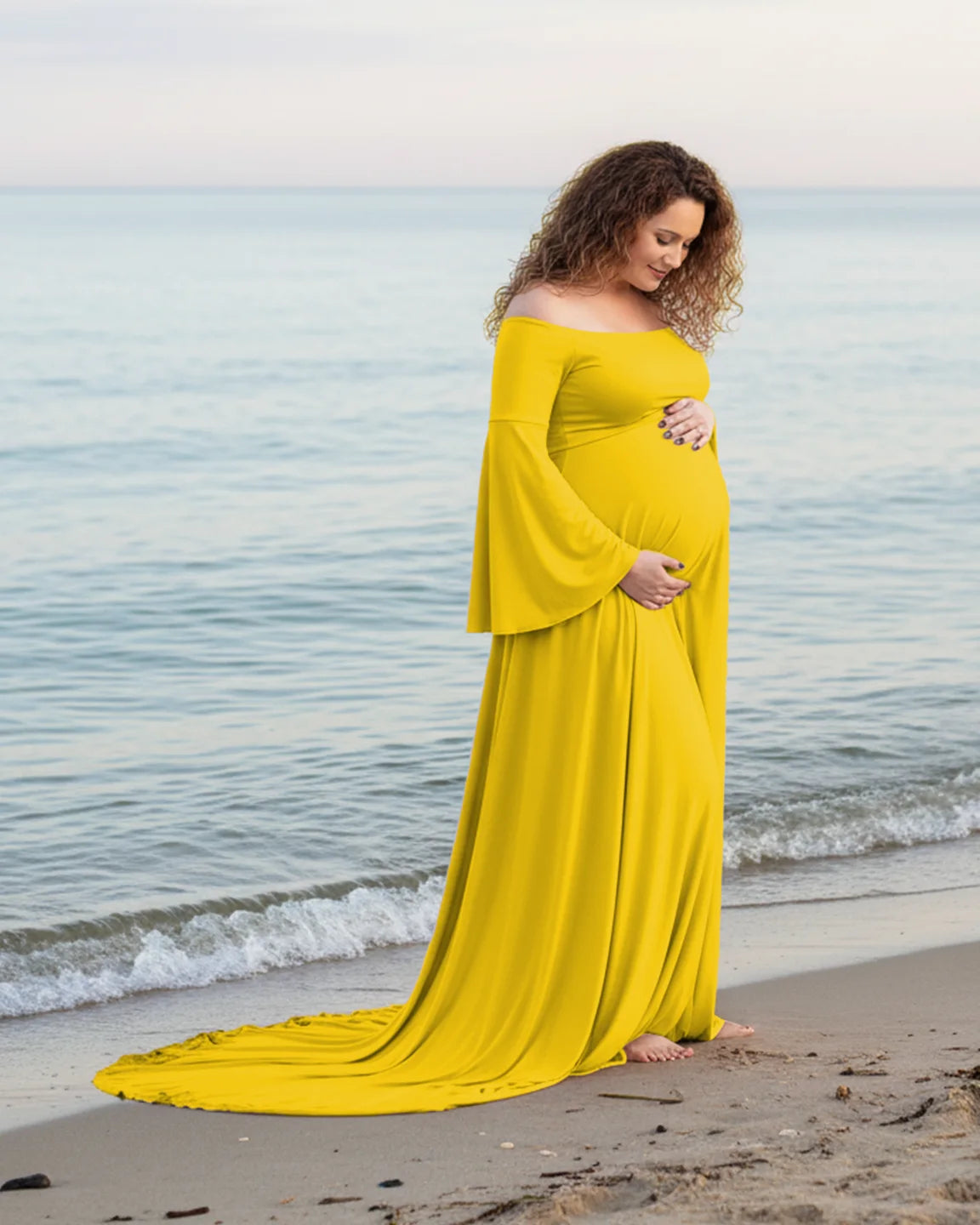 Off-Shoulder Bell Sleeve Boho Maternity Photoshoot Maxi Dress