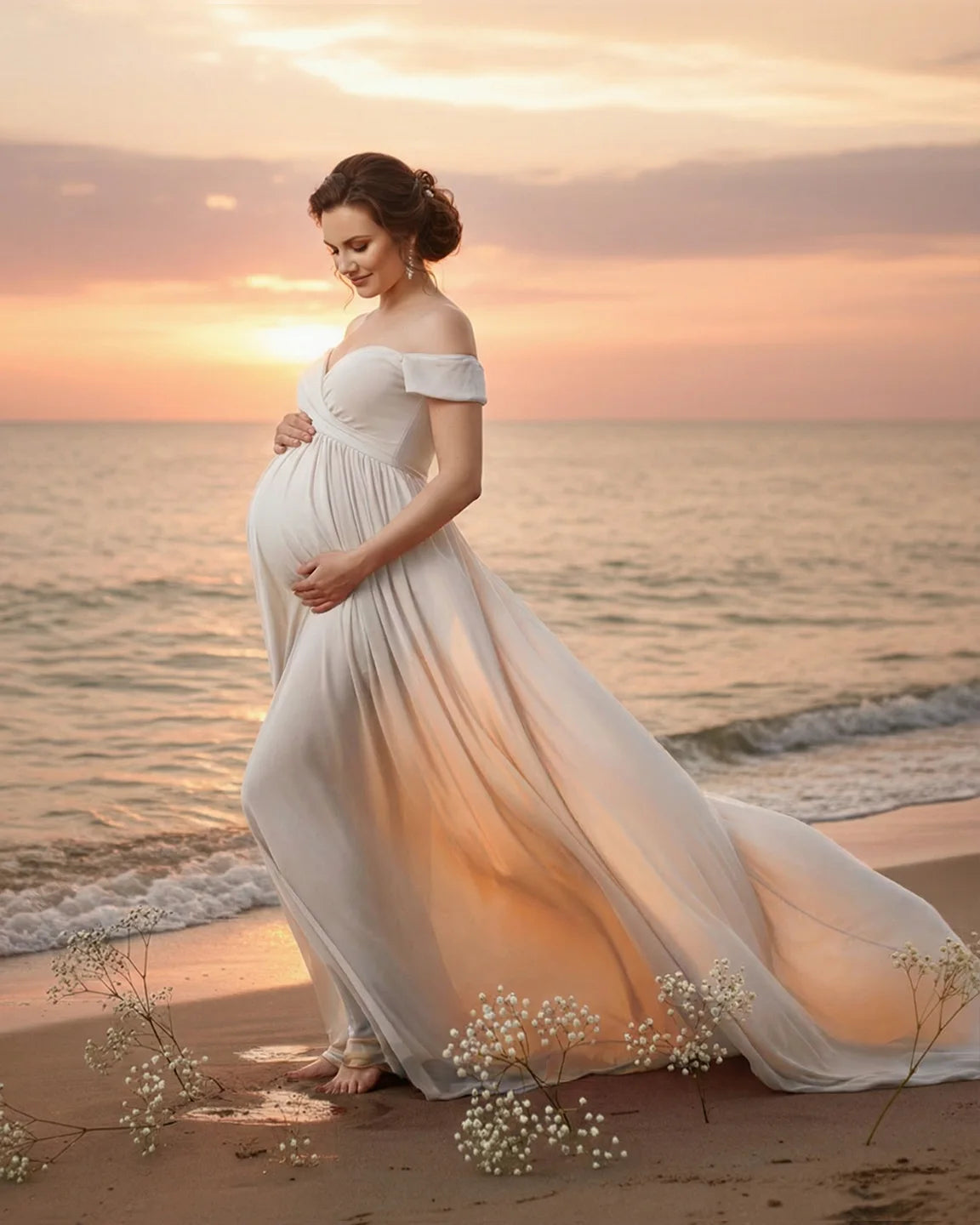 Off-Shoulder Dreamy Maternity Photography Gown