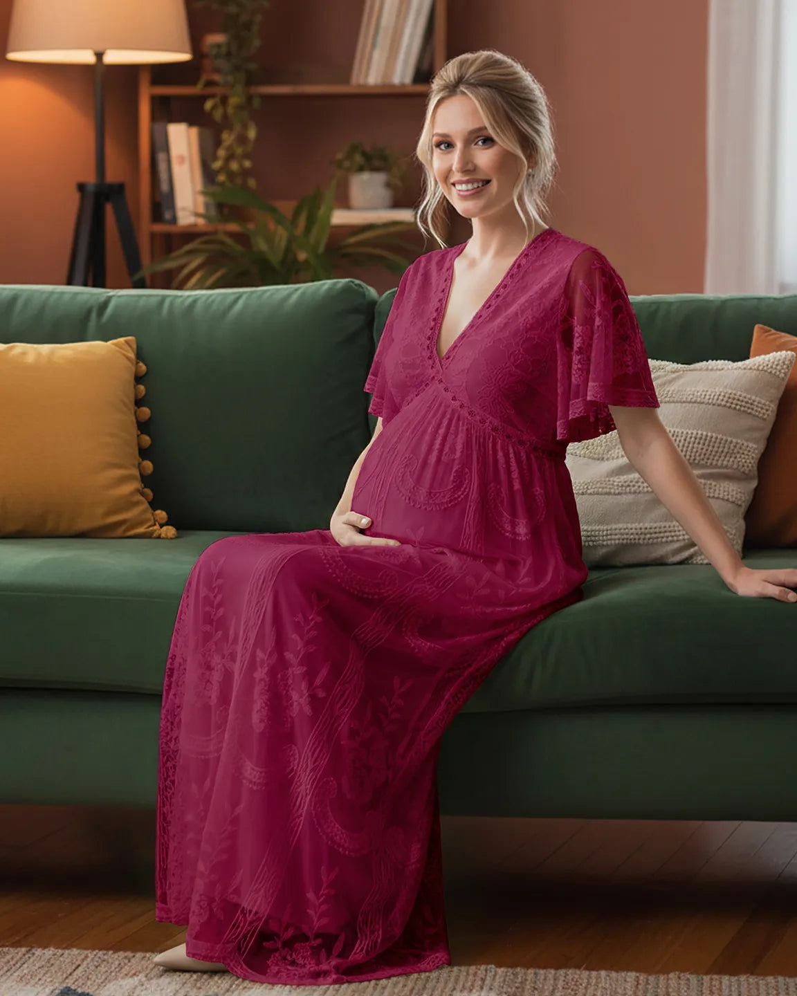 Sheer-Lace Romantic Maternity Maxi Dress