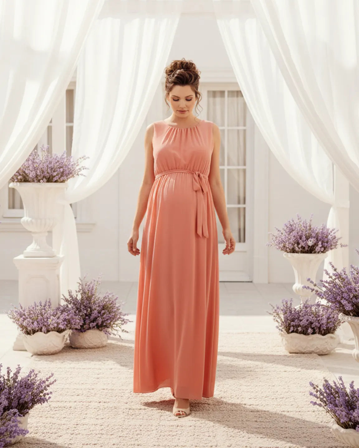 Gathered Bodice Elegant Maternity Maxi Dress
