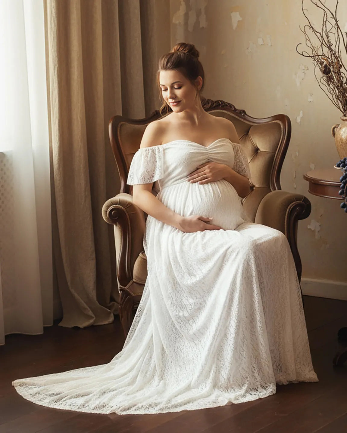 Off-Shoulder Flowing Lace Maternity Maxi Dress