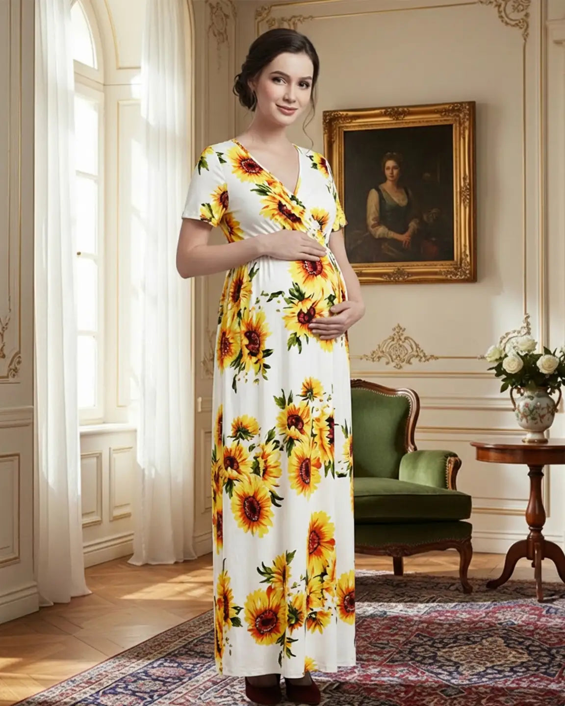 Crossover V-Neck Flowy Silhouette Maternity Maxi Dress