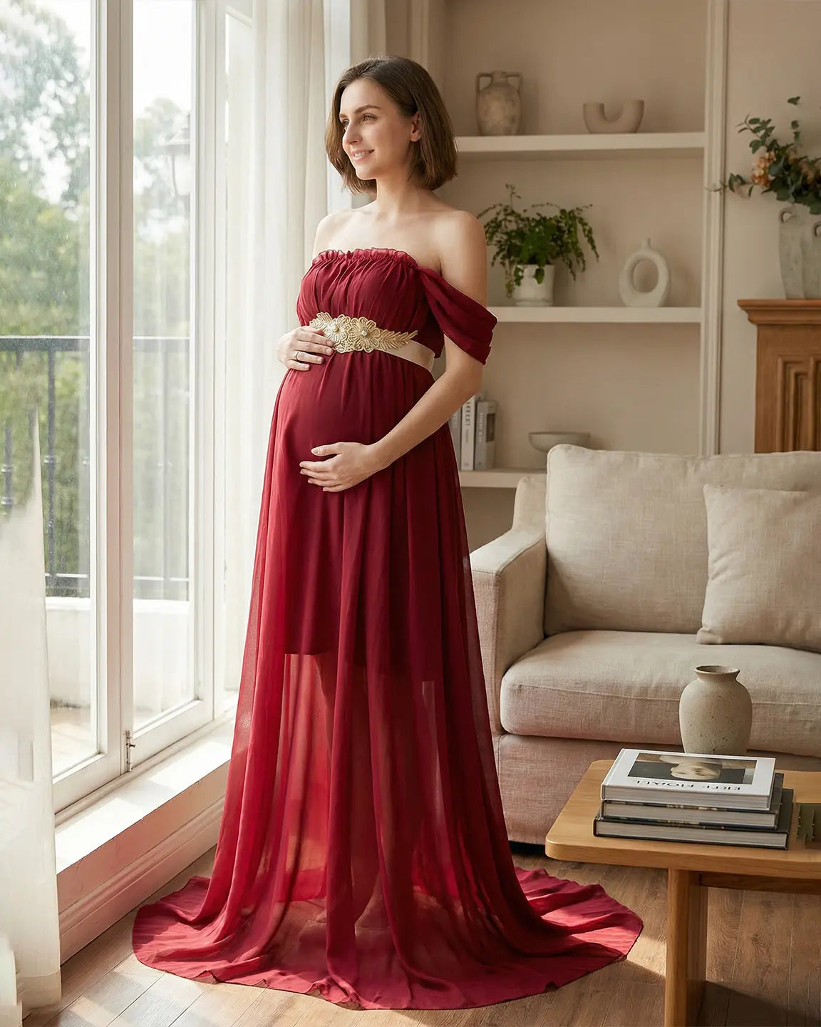 Chiffon Flowing Off Shoulder Maternity Photoshoot Gown