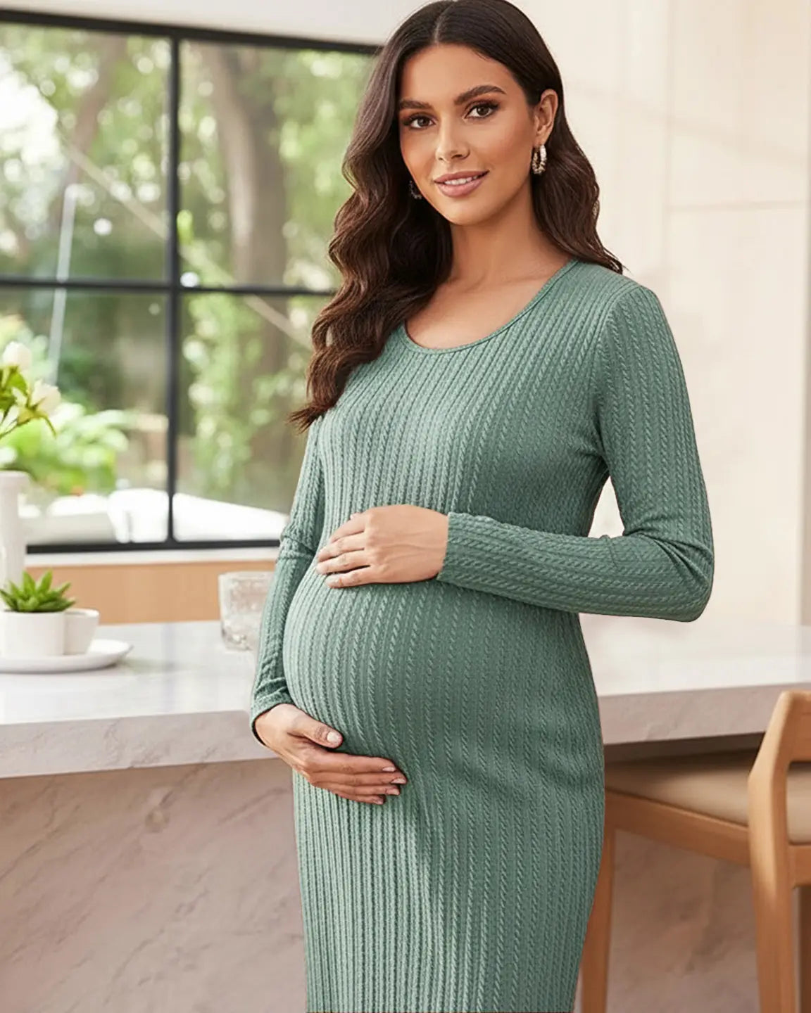 Ribbed Knit Casual Maternity Midi Dress