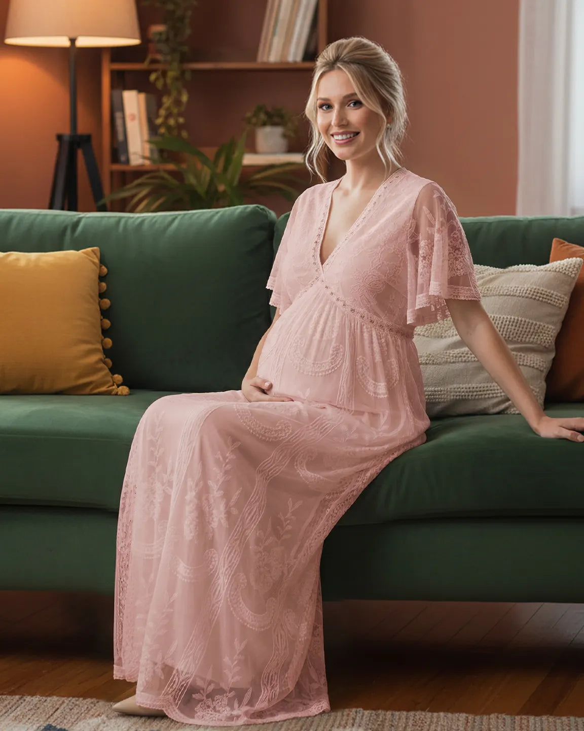 Sheer-Lace Romantic Maternity Maxi Dress