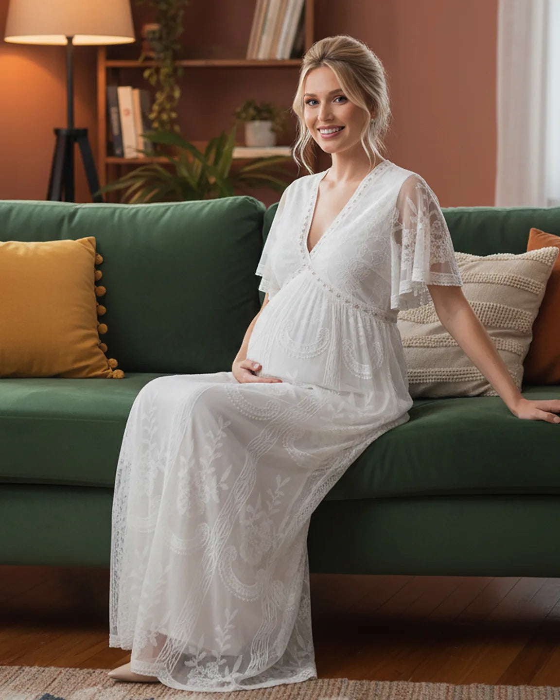Sheer-Lace Romantic Maternity Maxi Dress