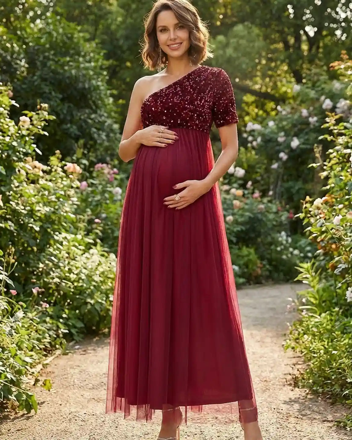 Sequin One-Shoulder Elegant Maternity Maxi Dress