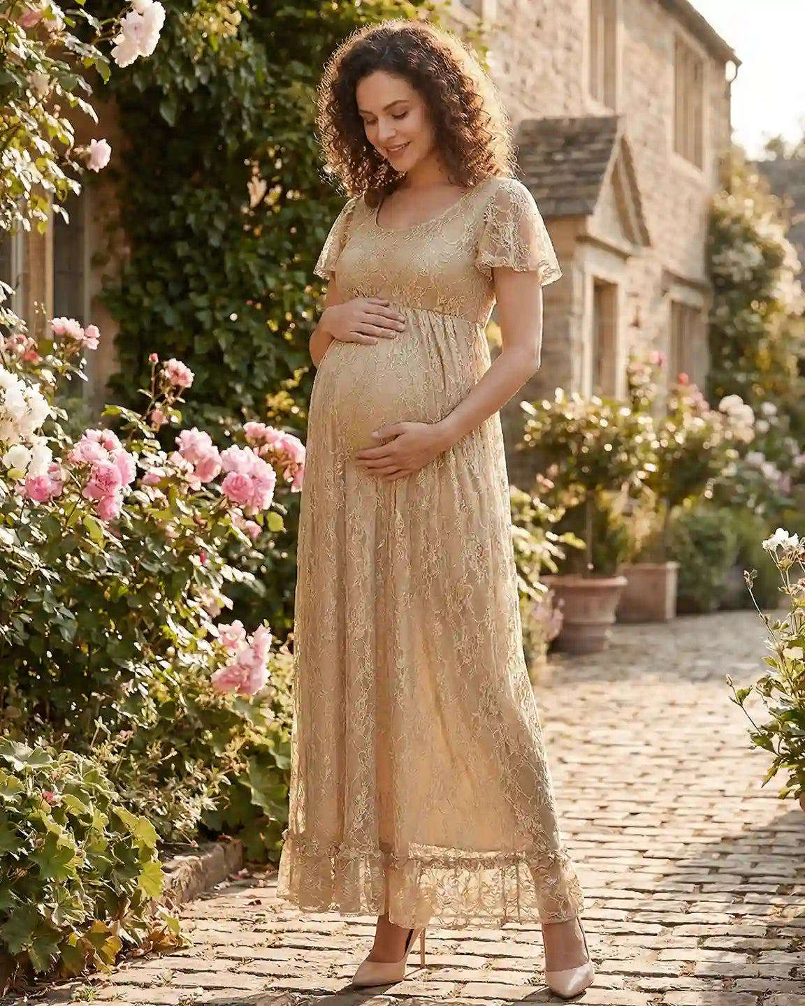 Ruffled Hem Floral Lace Maternity Photoshoot Dress