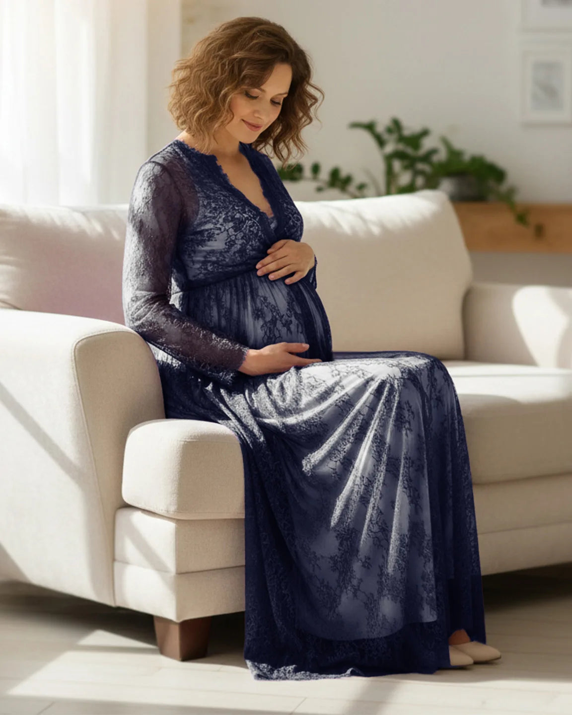 Sheer Floral Lace Empire Waist Maternity Maxi Dress