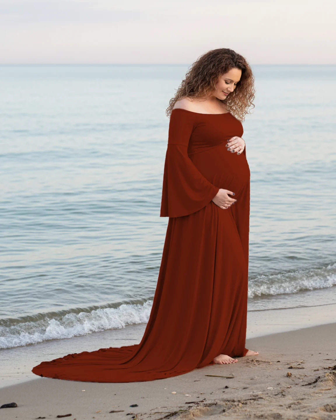 Off-Shoulder Bell Sleeve Boho Maternity Photoshoot Maxi Dress