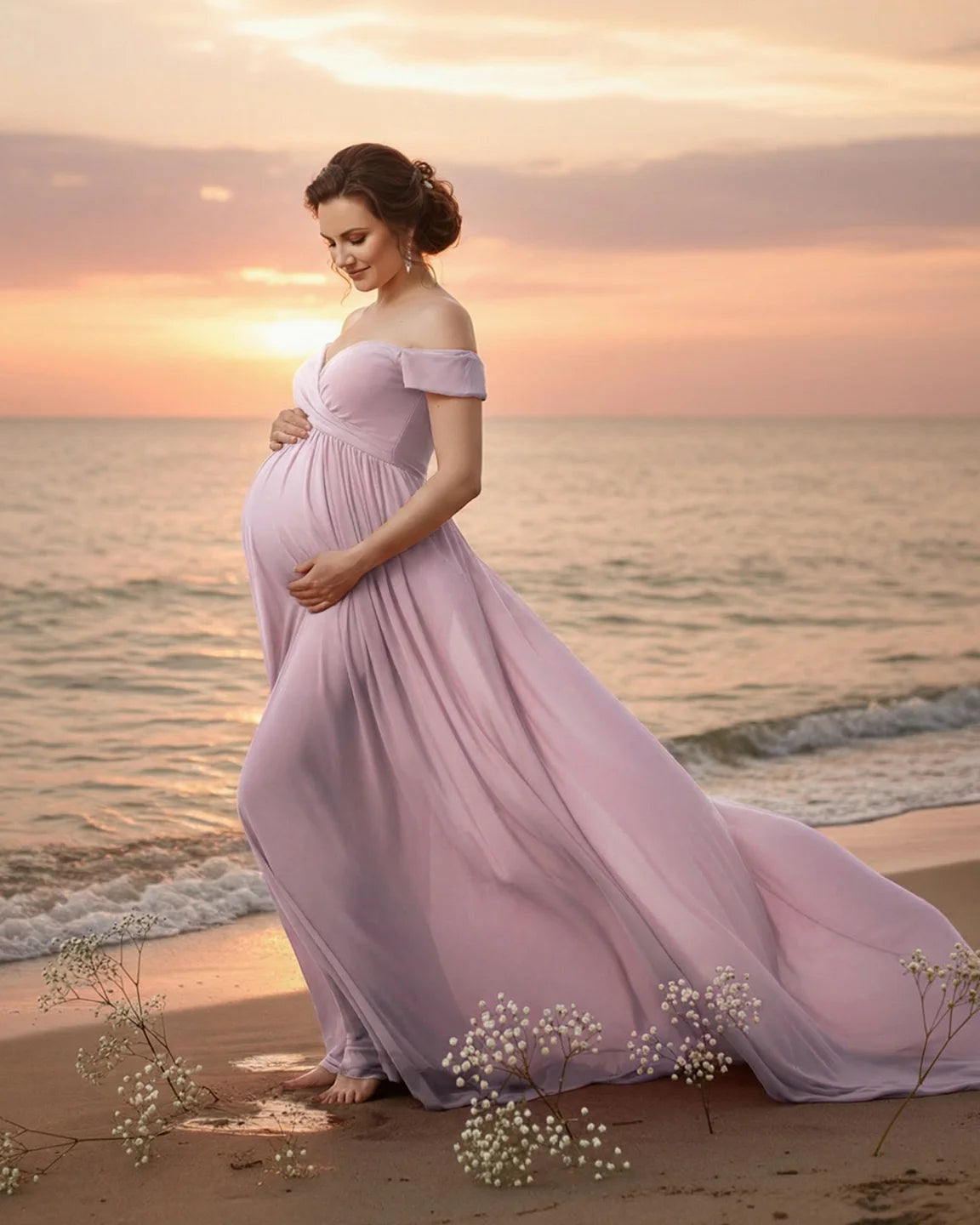 Off-Shoulder Dreamy Maternity Photography Gown