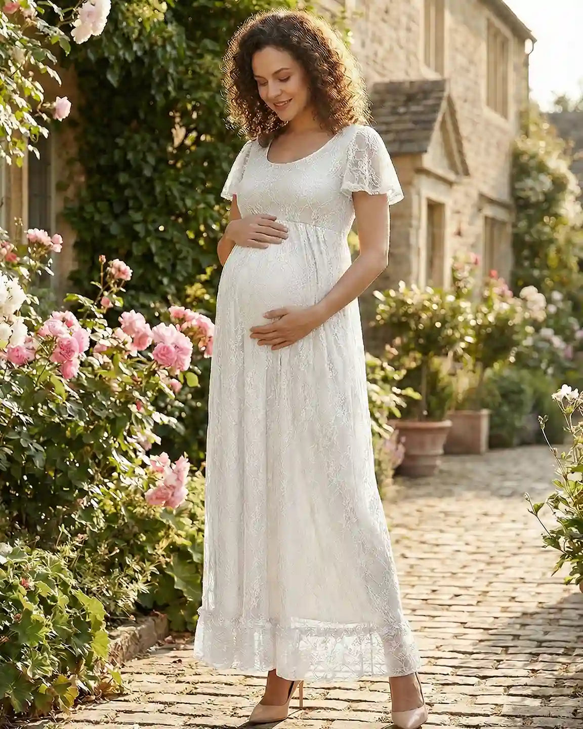 Ruffled Hem Floral Lace Maternity Photoshoot Dress