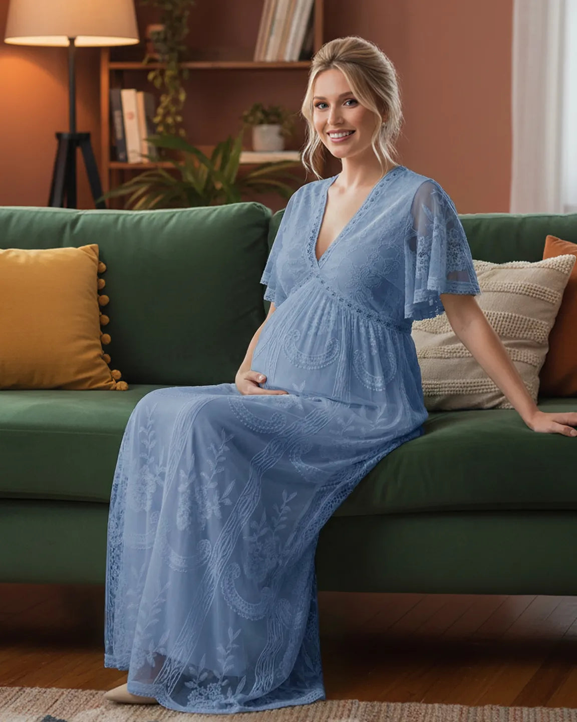 Sheer-Lace Romantic Maternity Maxi Dress