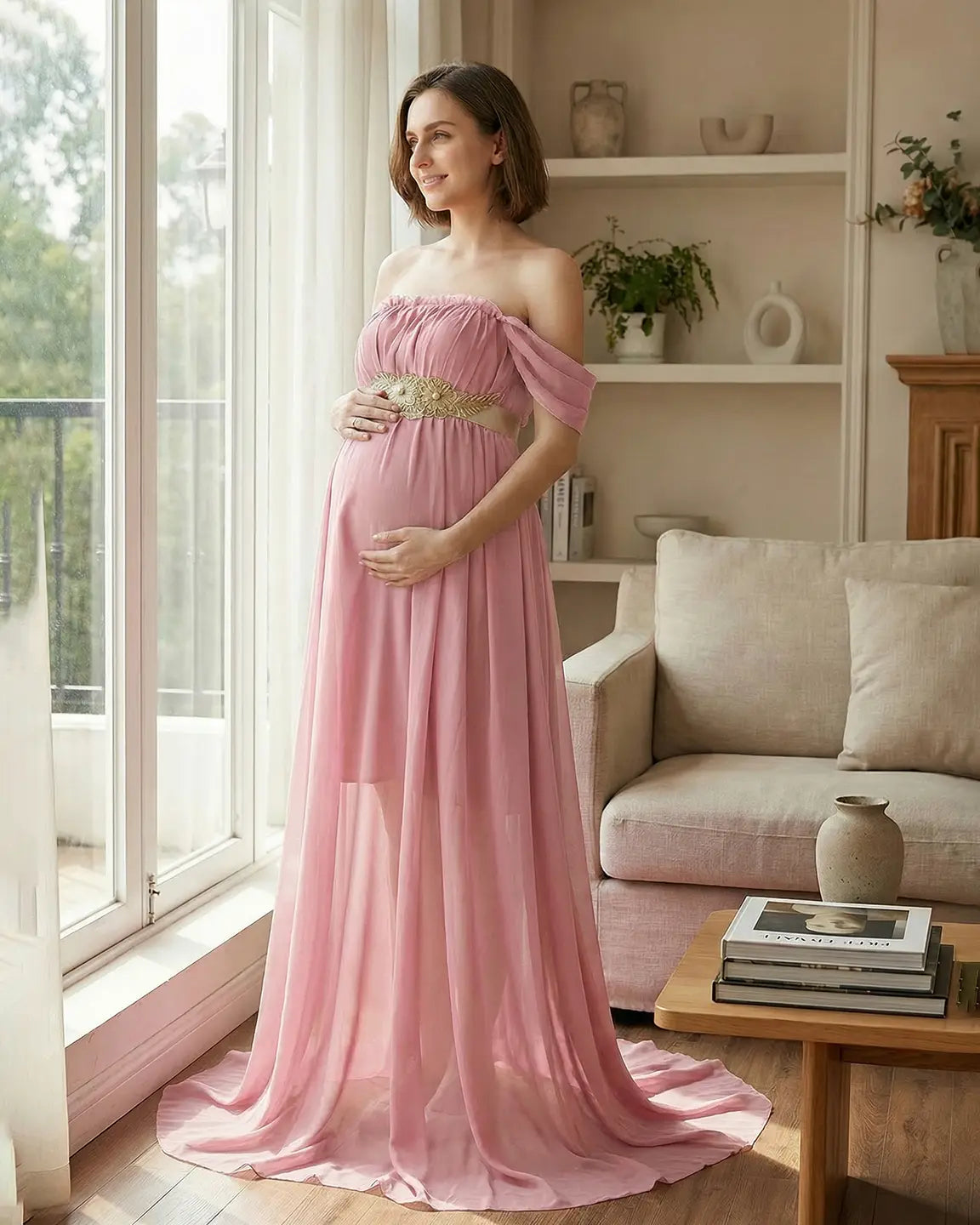 Chiffon Flowing Off Shoulder Maternity Photoshoot Gown