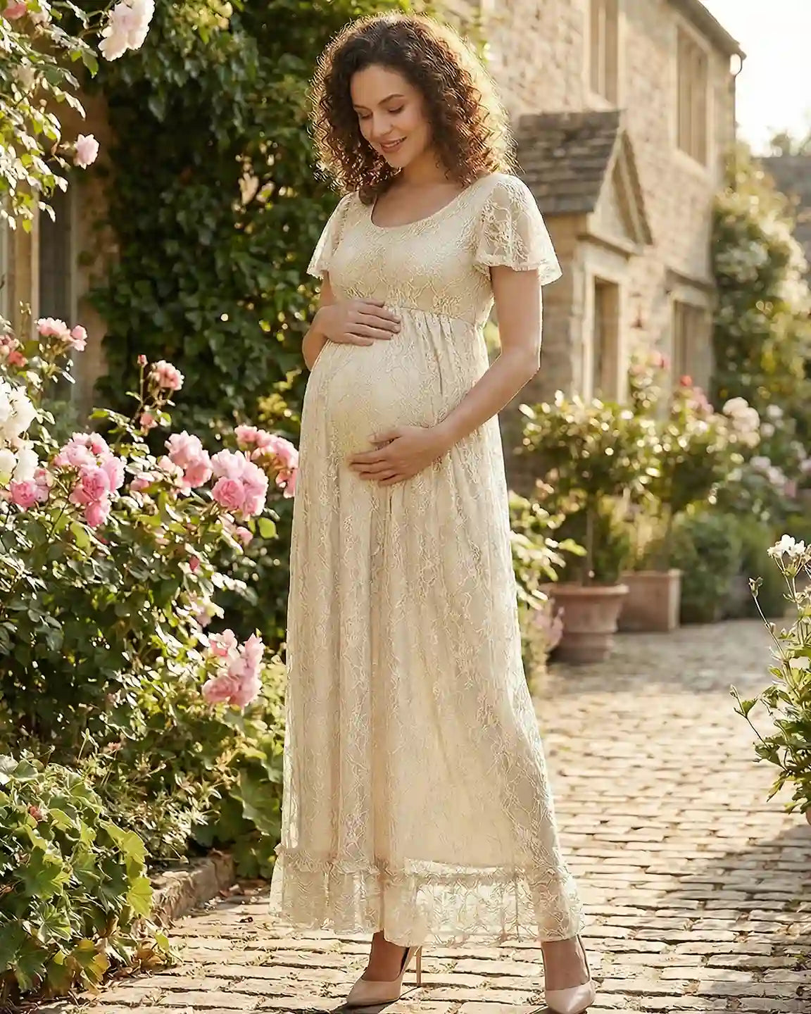 Ruffled Hem Floral Lace Maternity Photoshoot Dress