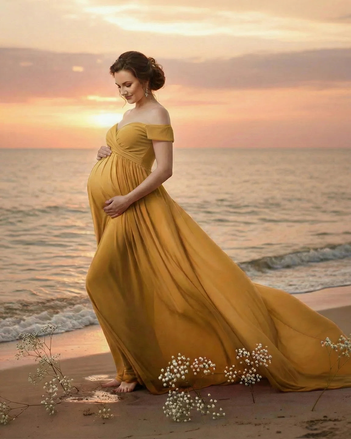 Off-Shoulder Dreamy Maternity Photography Gown