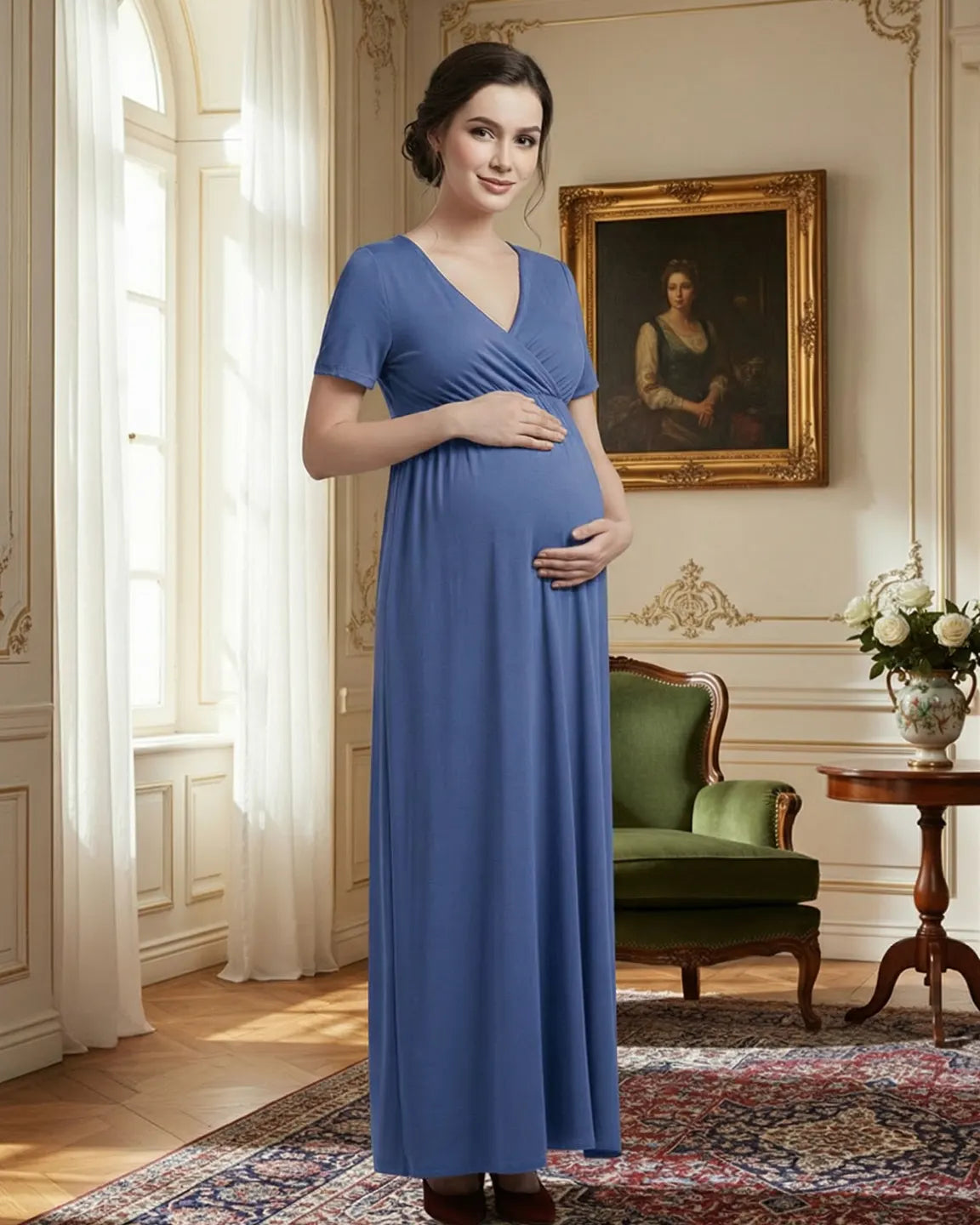 Crossover V-Neck Flowy Silhouette Maternity Maxi Dress