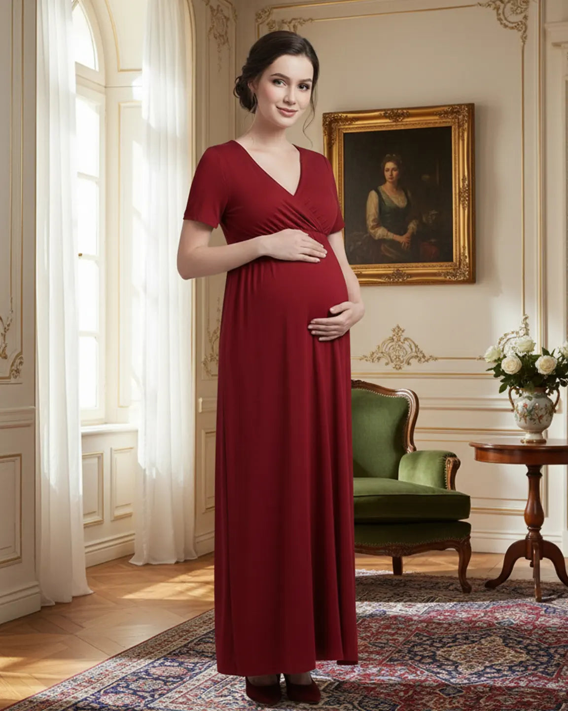 Crossover V-Neck Flowy Silhouette Maternity Maxi Dress