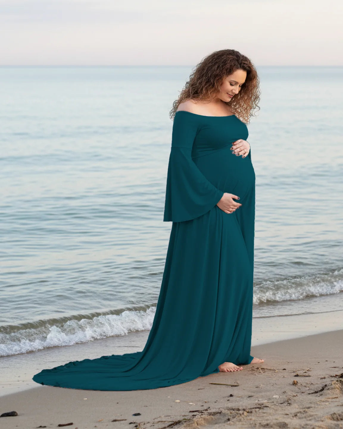 Off-Shoulder Bell Sleeve Boho Maternity Photoshoot Maxi Dress