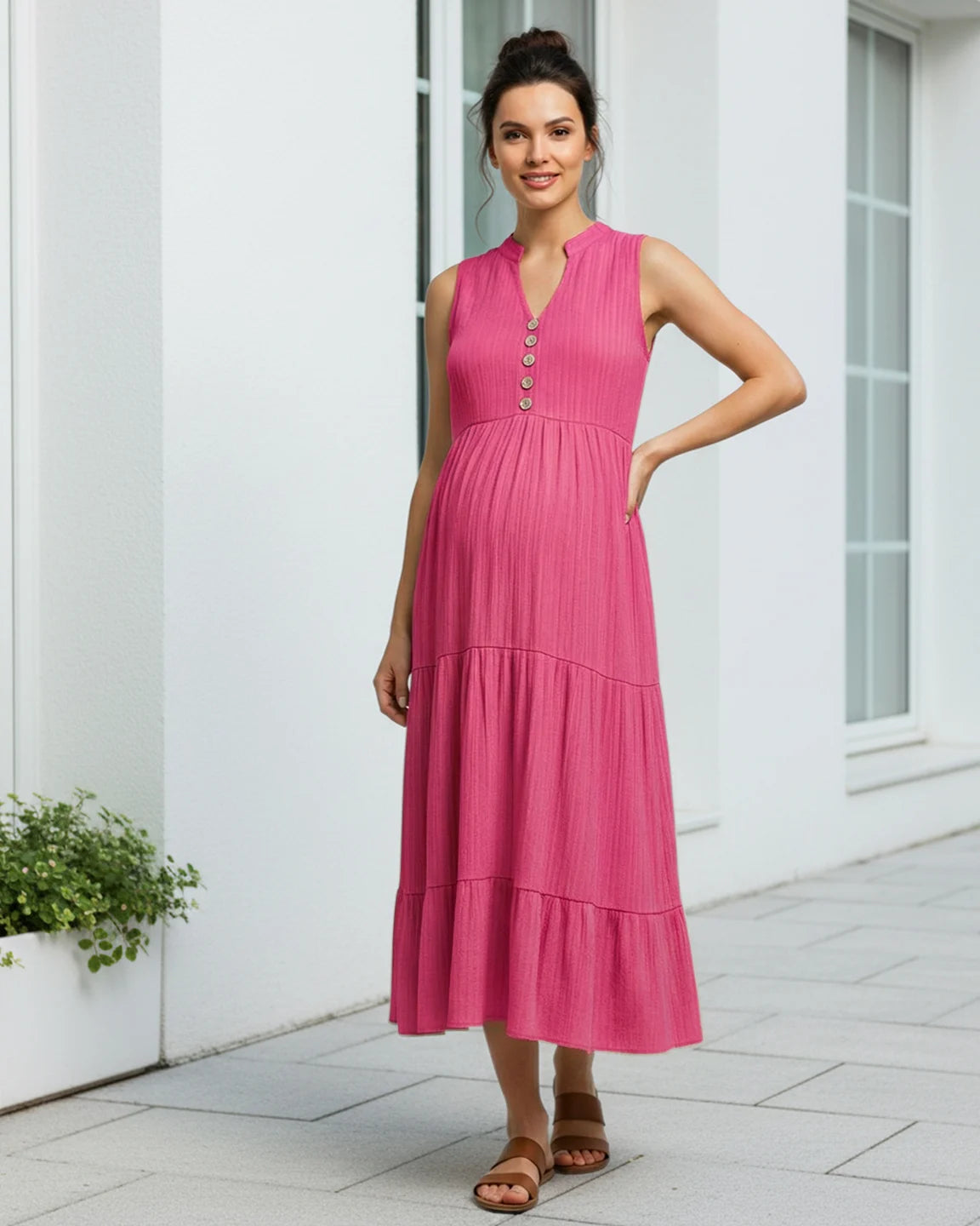 Button-Front Detail Tiered Maternity Midi Dress
