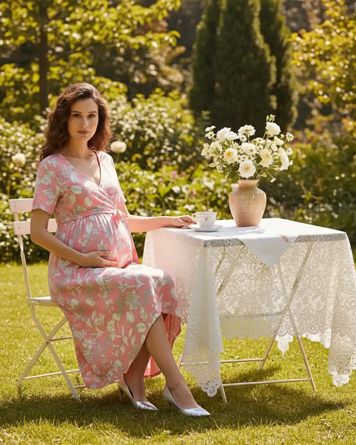 V-Neck Floral Wrap Maternity Midi Dress