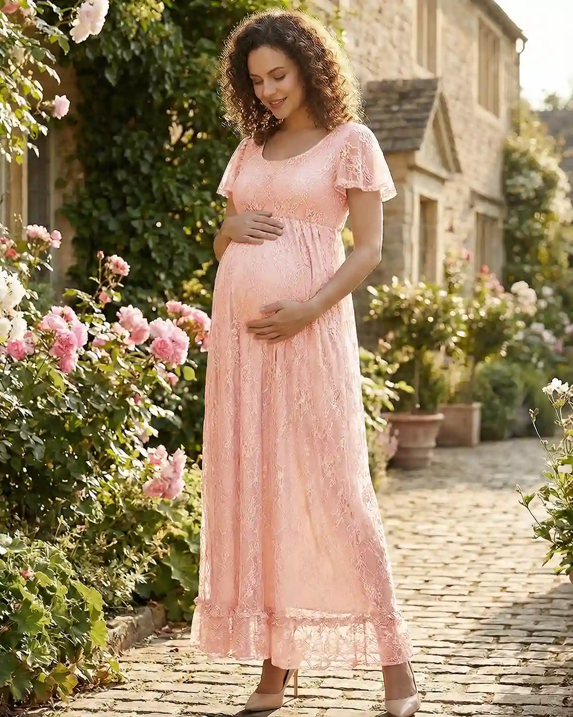 Ruffled Hem Floral Lace Maternity Photoshoot Dress