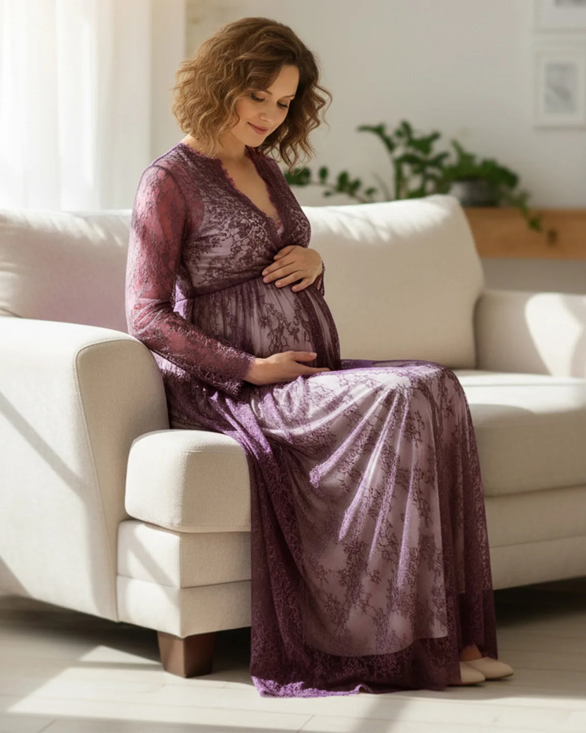 Sheer Floral Lace Empire Waist Maternity Maxi Dress