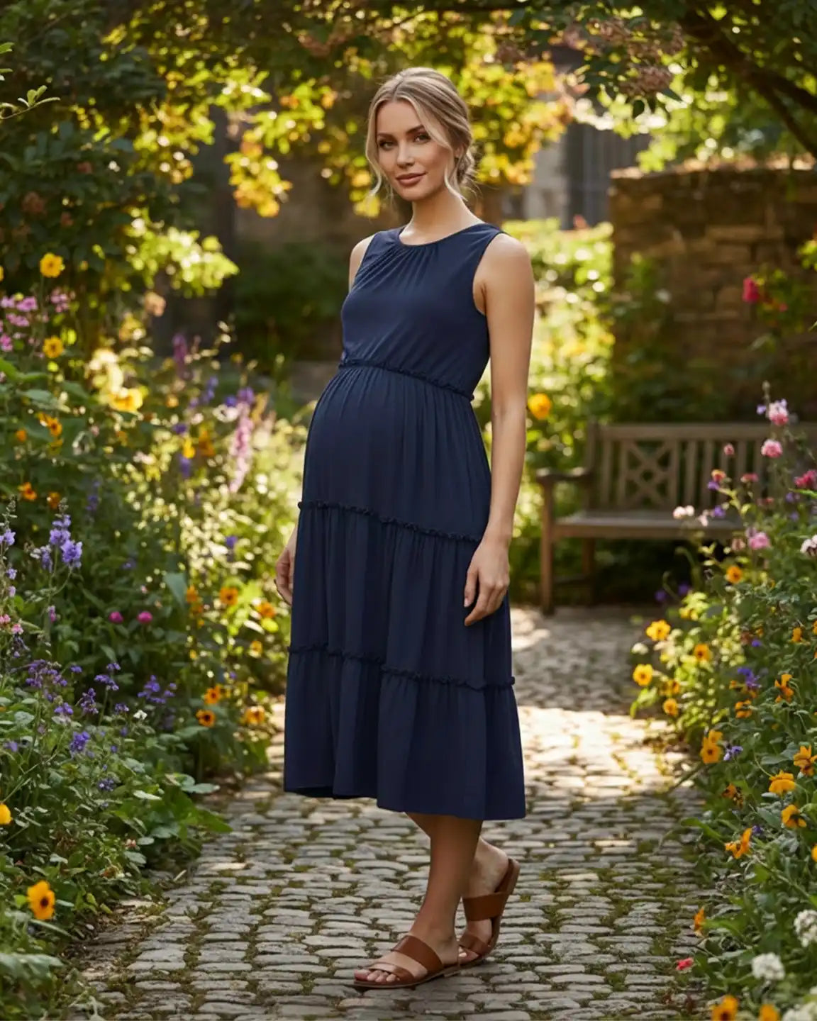 Tiered Ruffle Skirt Casual Maternity Midi Dress