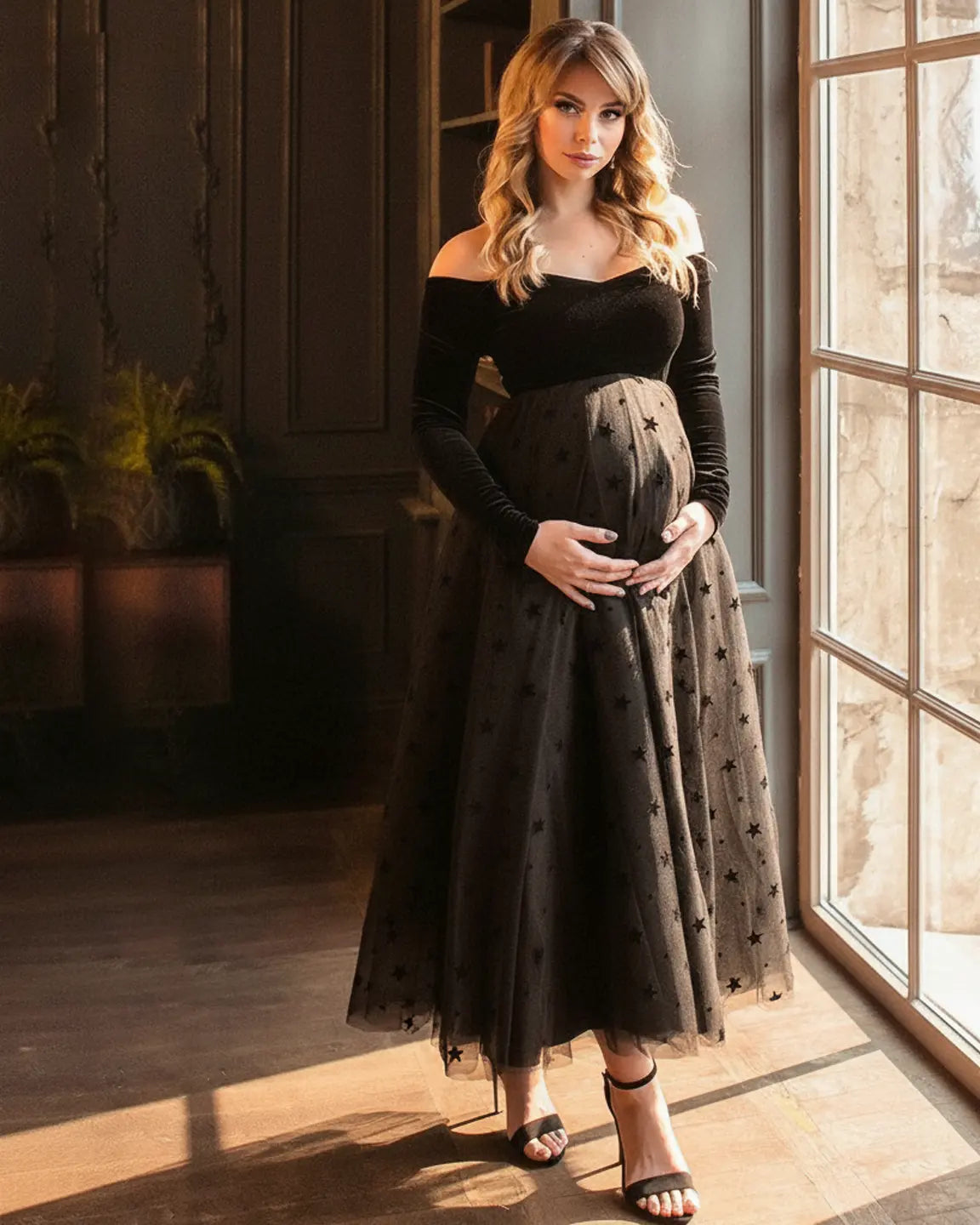 Star-Tulle Off-Shoulder Maternity Gown
