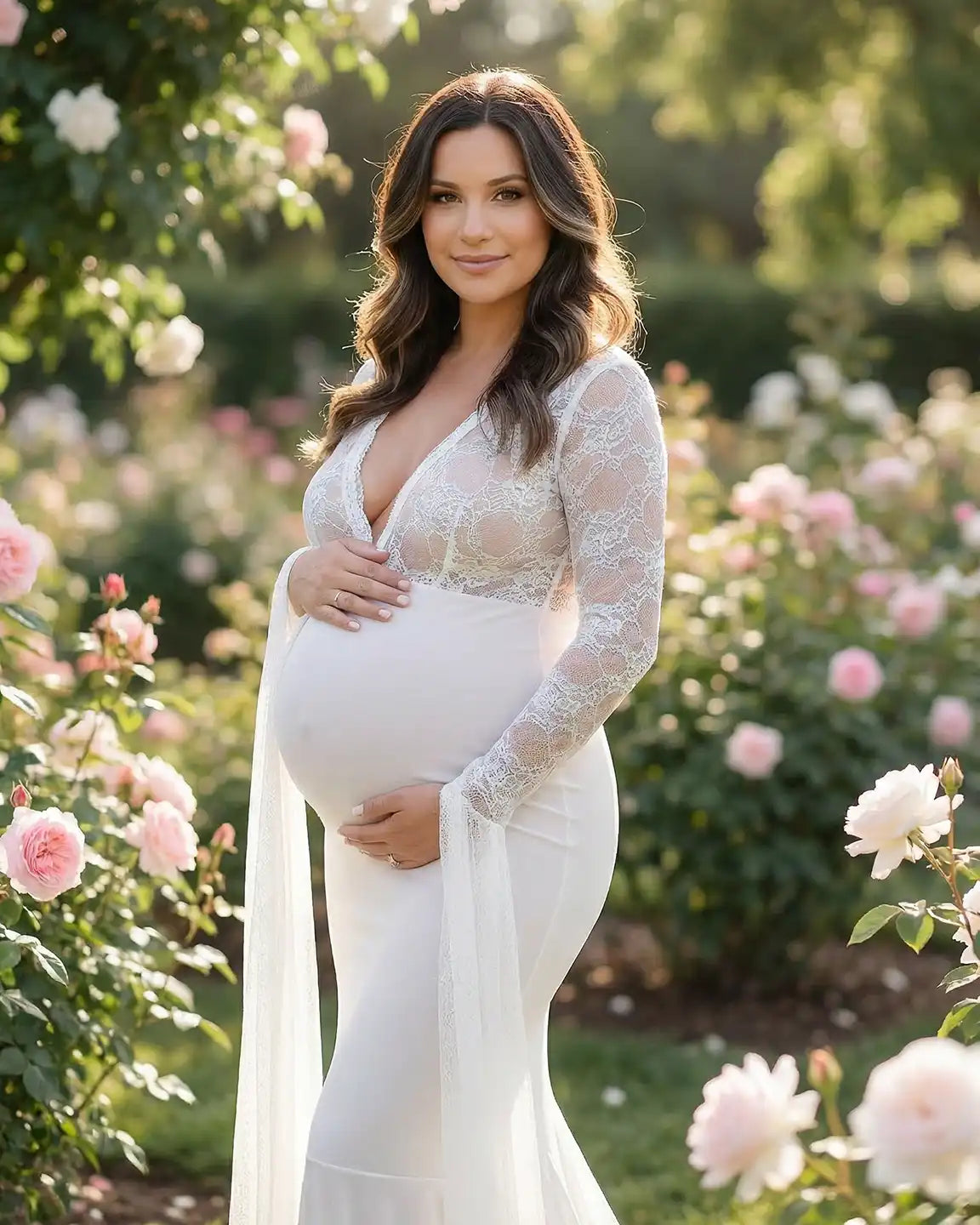 Lace Deep-V Floor-Length Maternity Gown