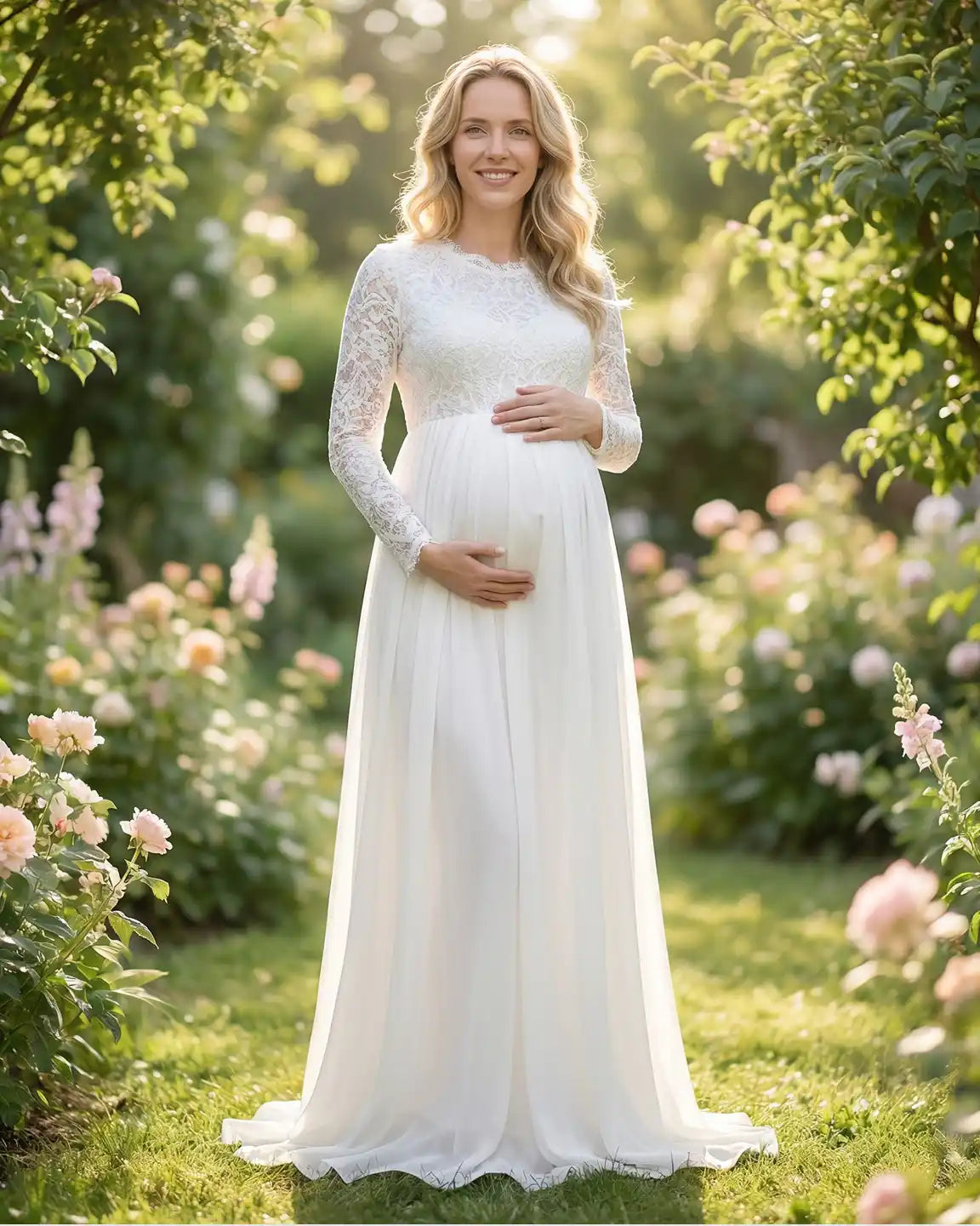 Lace Bodice Flowy Long-Sleeve Maternity Gown