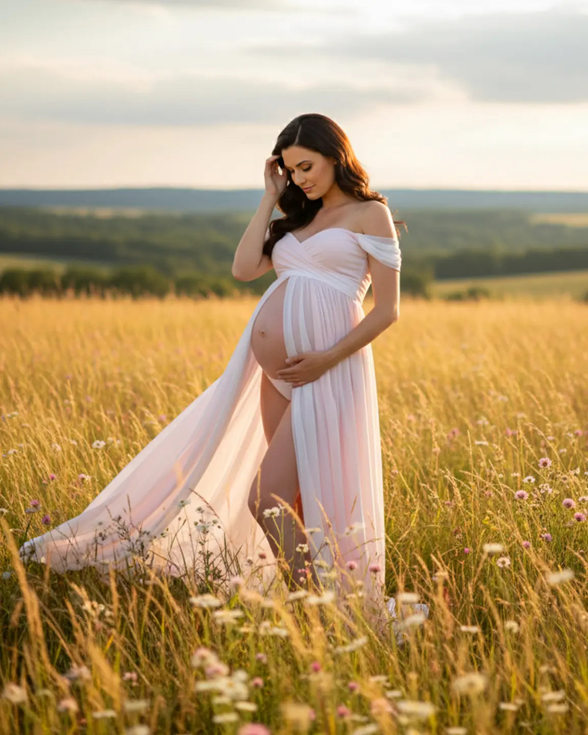 Off-Shoulder Slit Floor-Length Maternity Gown