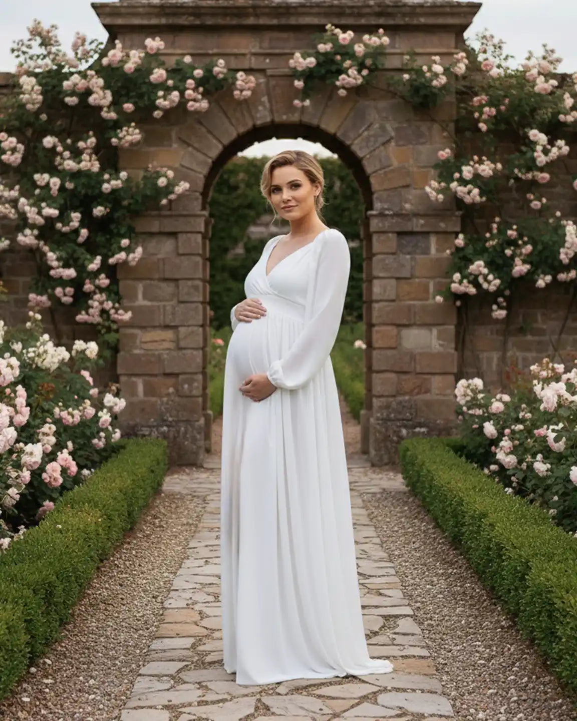 Elastic Neckline Sleeves Elegant-Drape Maternity Gown