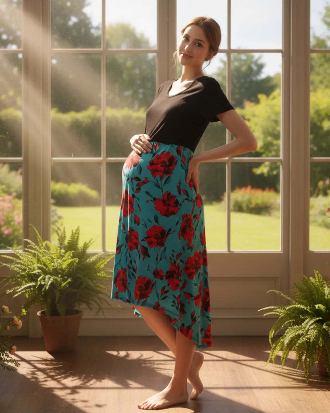 Asymmetric-Floral Vintage Maternity Midi Dress