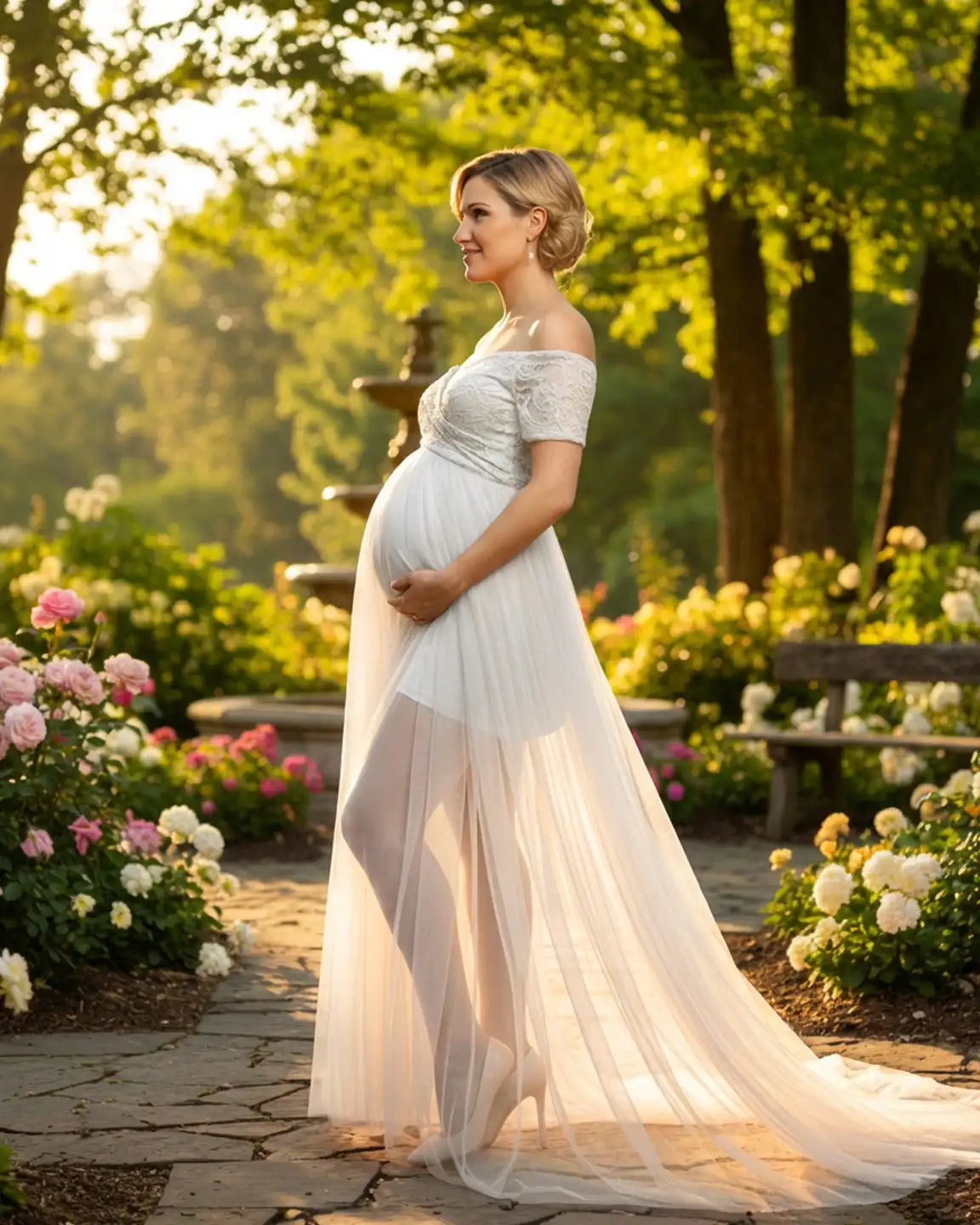 Lace & Mesh Off-Shoulder Maternity Gown