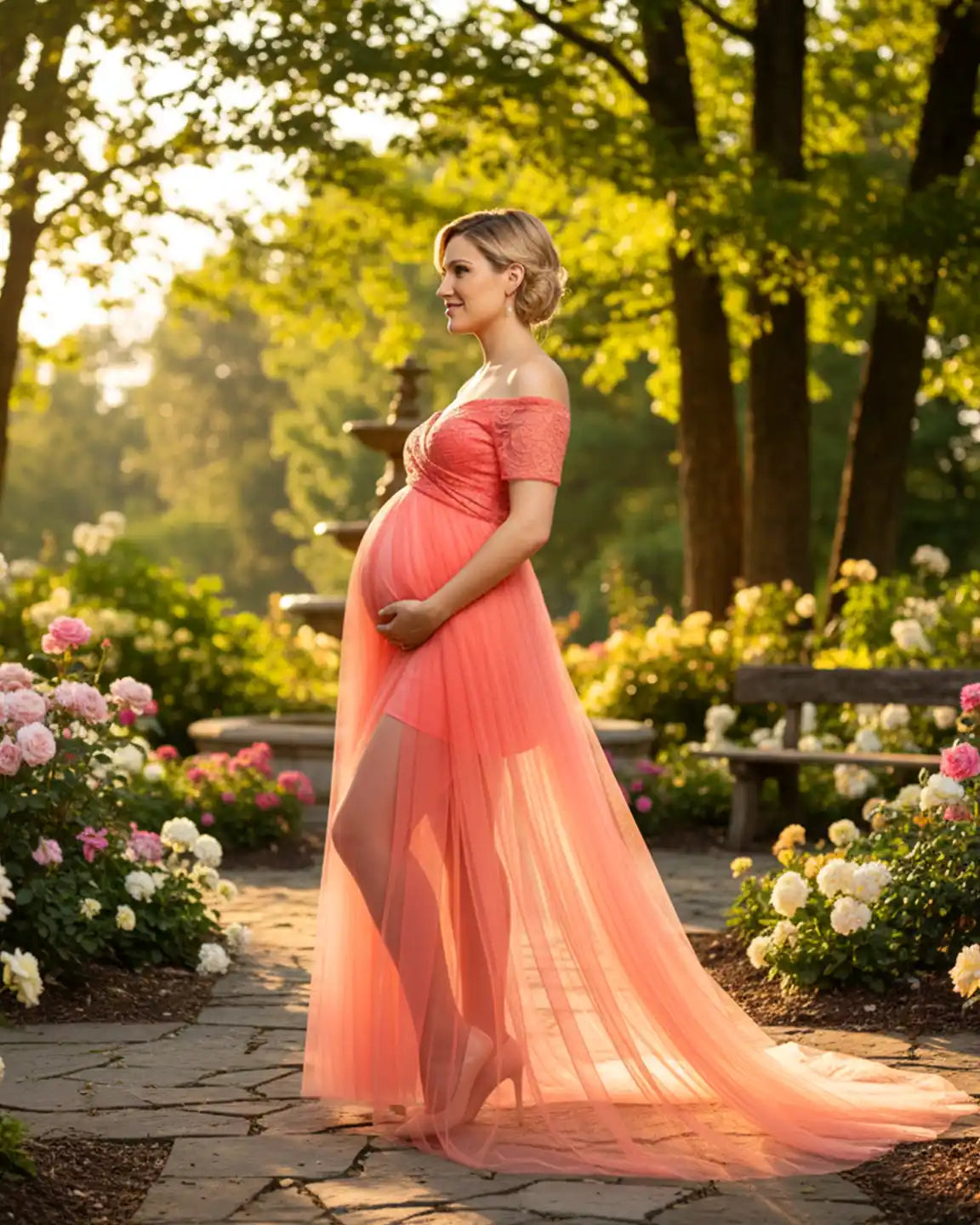Lace & Mesh Off-Shoulder Maternity Gown