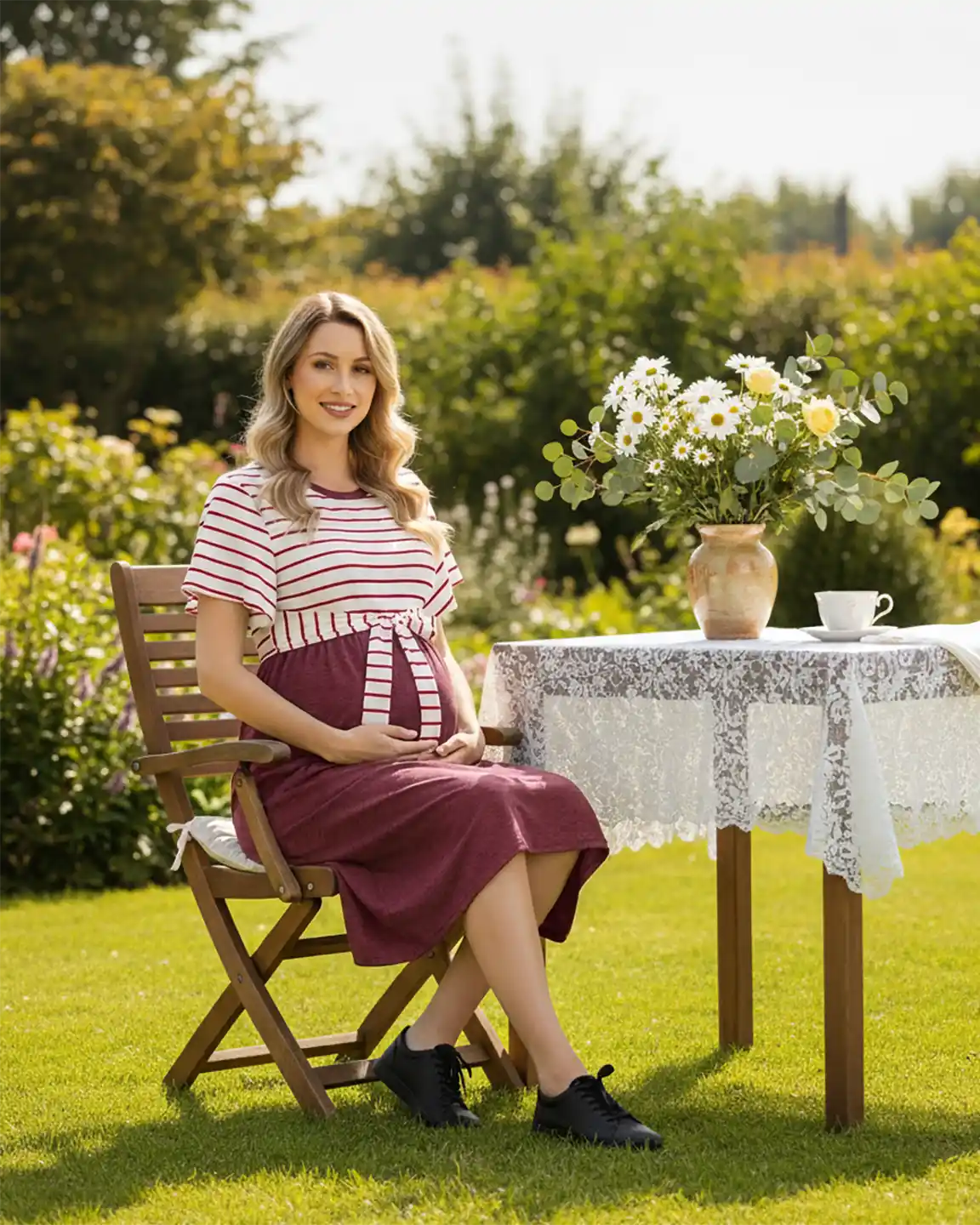 Striped Tie-Waist Casual Maternity Midi Dress