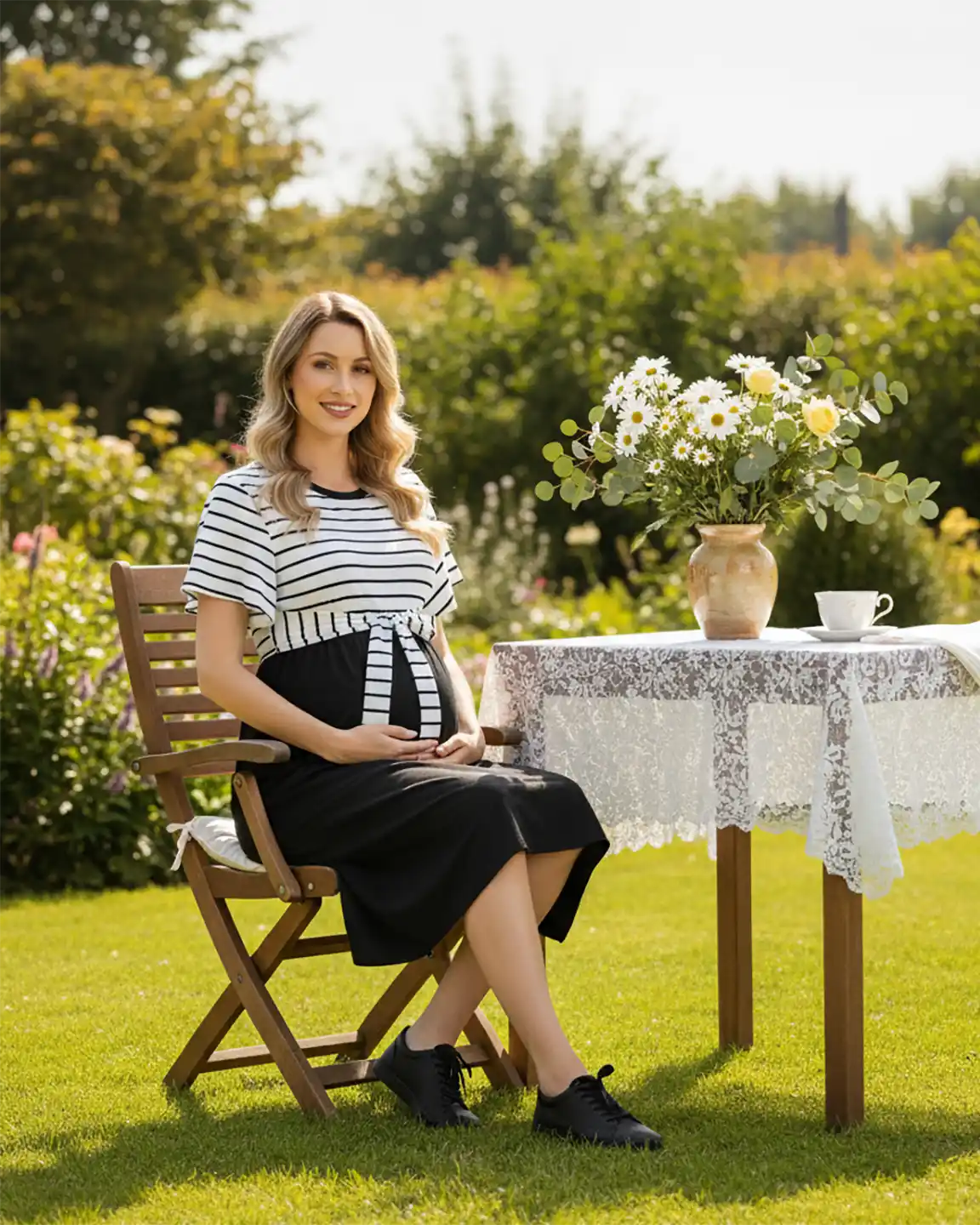 Striped Tie-Waist Casual Maternity Midi Dress