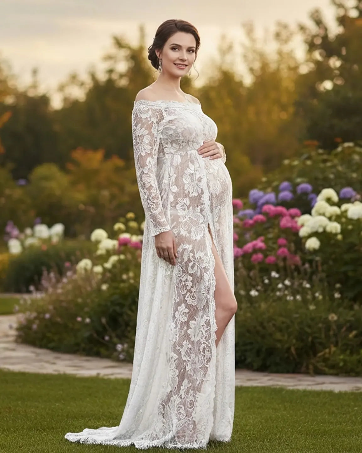 Off-Shoulder Lace Slit Maternity Gown