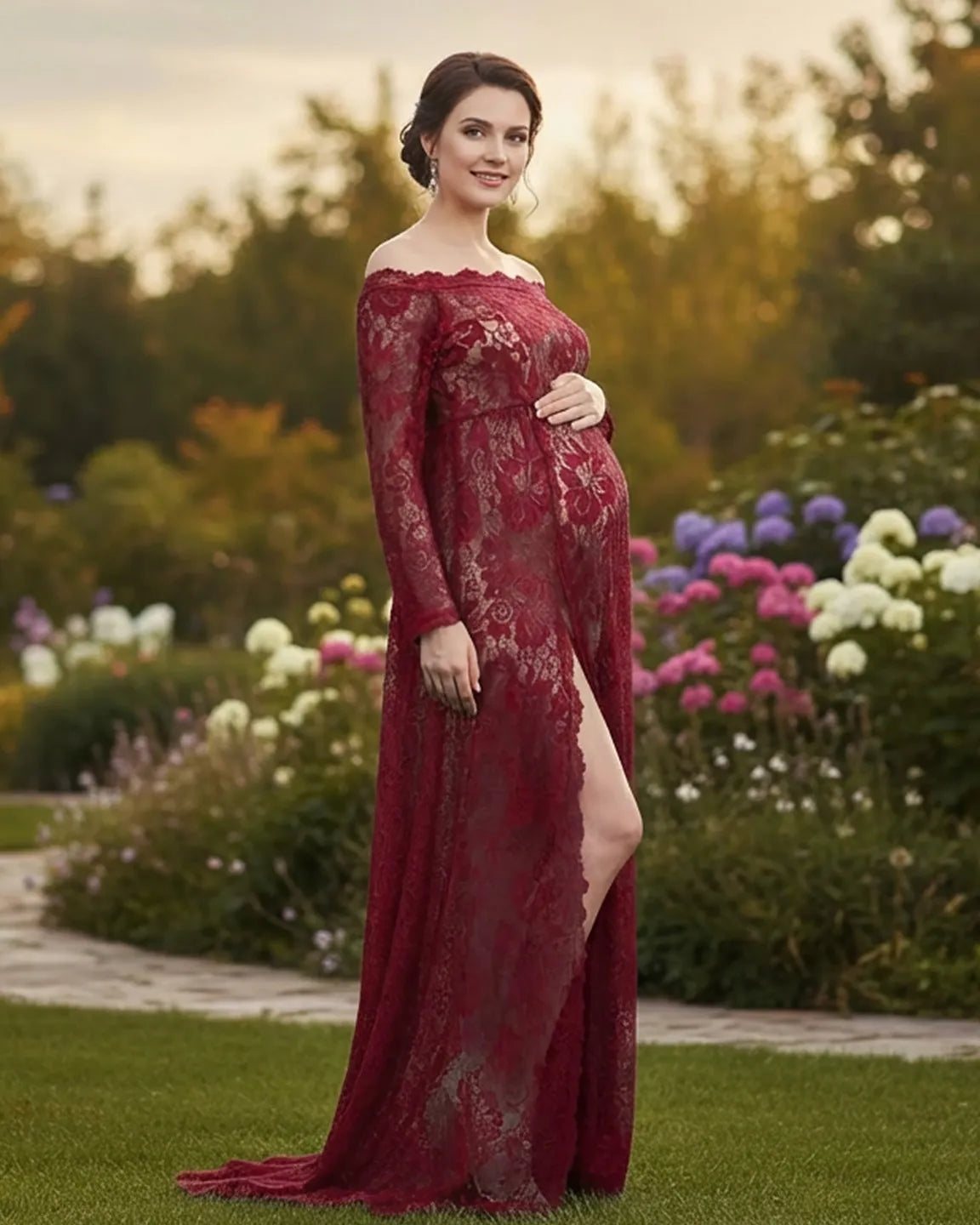 Off-Shoulder Lace Slit Maternity Gown