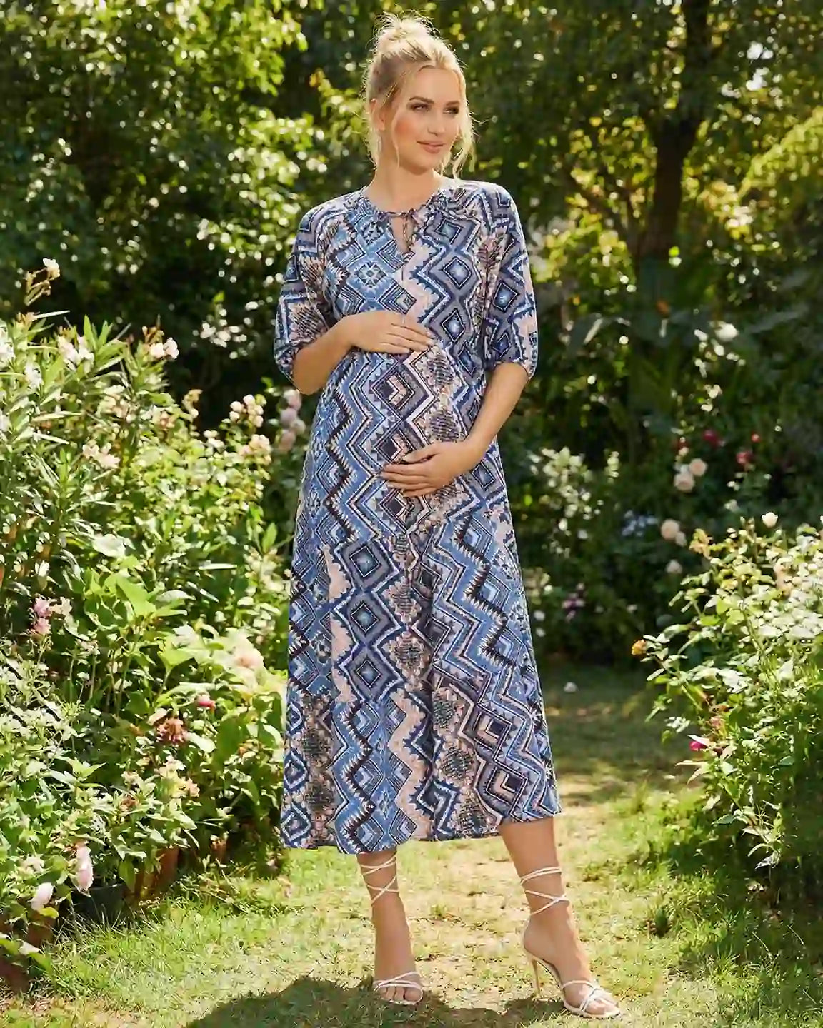 V-Neck Boho Print Maternity Midi Dress
