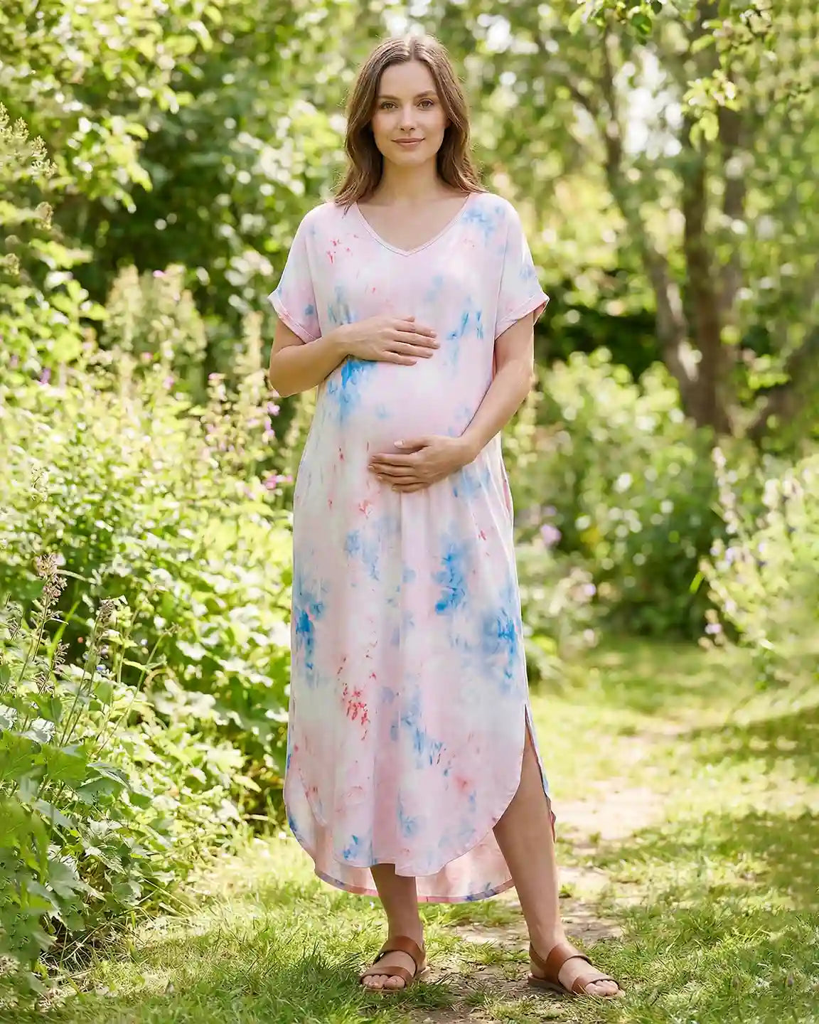 V-Neck Tie-Dye Maternity Midi Dress