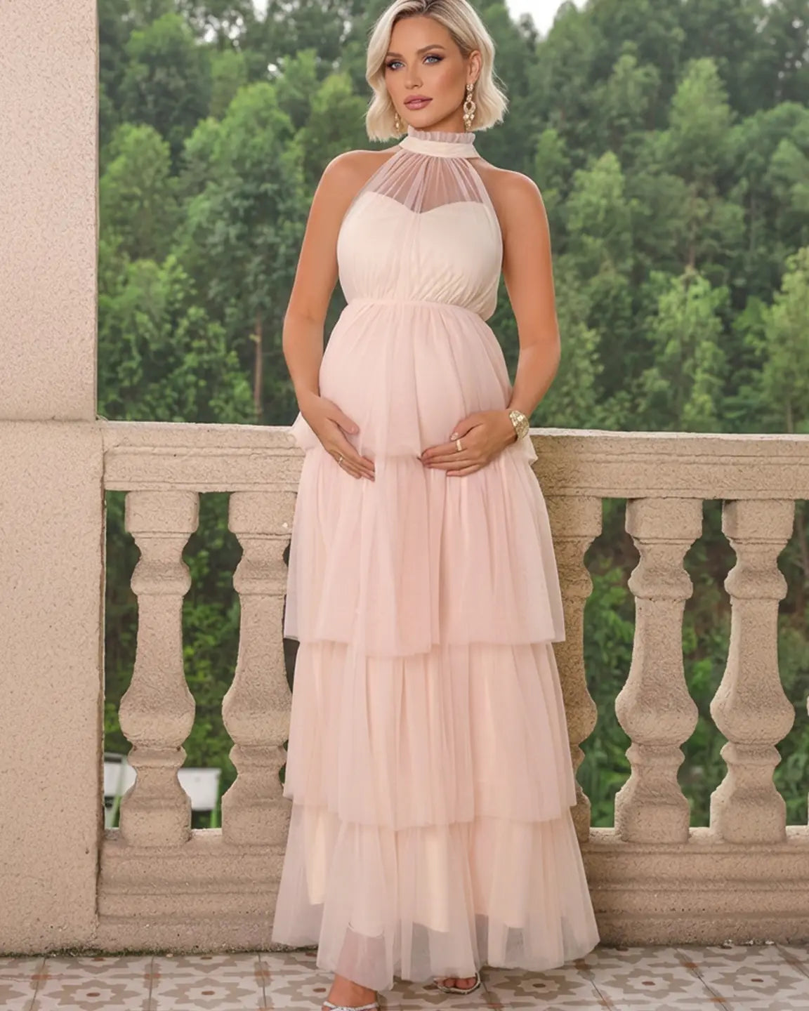Halter Neck Tiered Mesh Maternity Gown