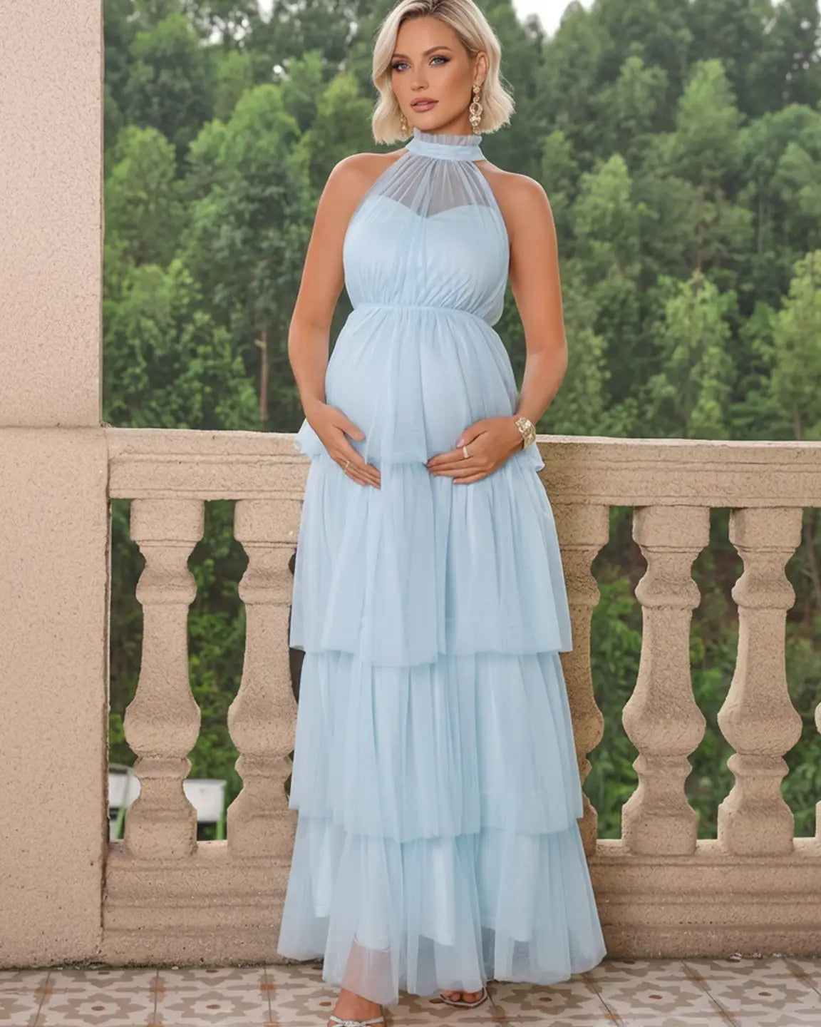 Halter Neck Tiered Mesh Maternity Gown