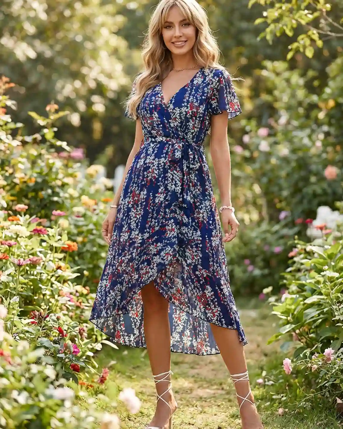 Navy Floral Wrap-Front Maternity Midi Dress