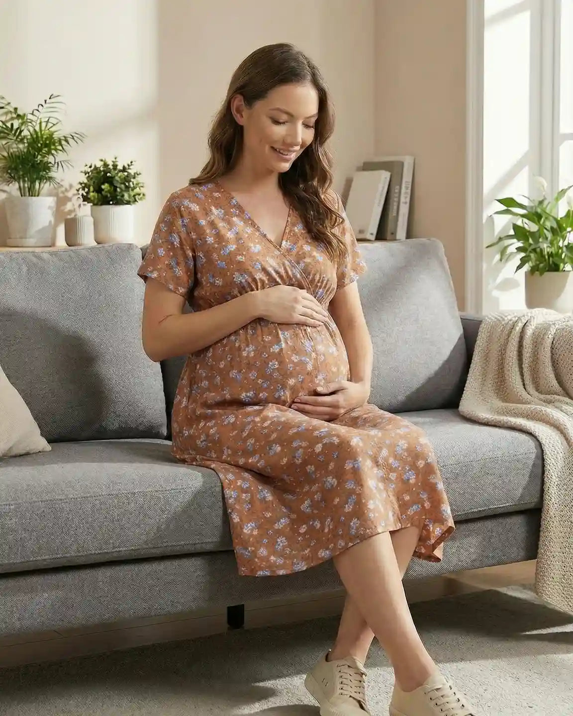 Elastic-Waist Floral Maternity Midi Dress