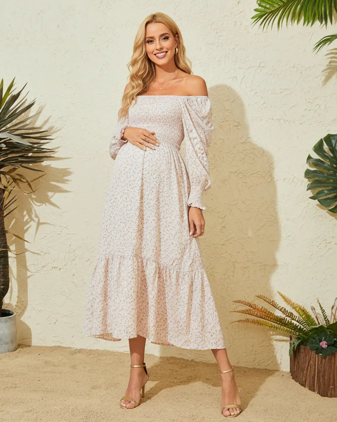Off-Shoulder Flowy Maternity Midi Dress