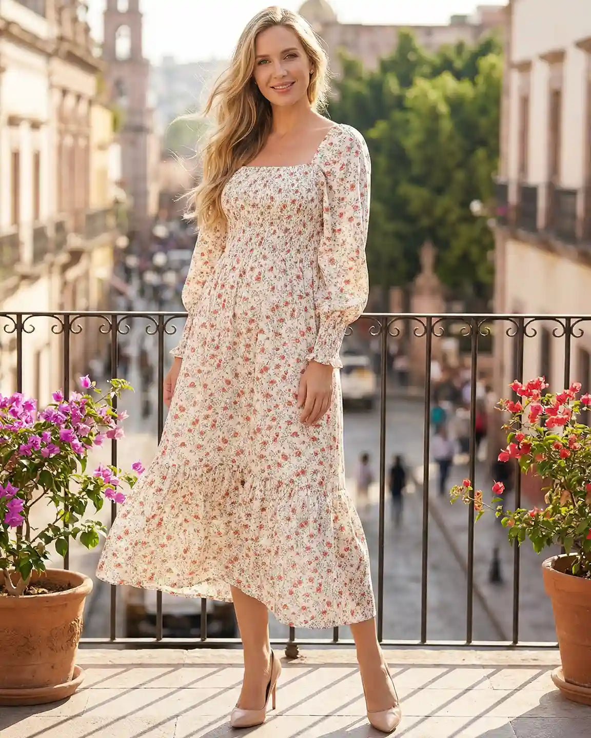 Smocked Boho Style Maternity Midi Dress