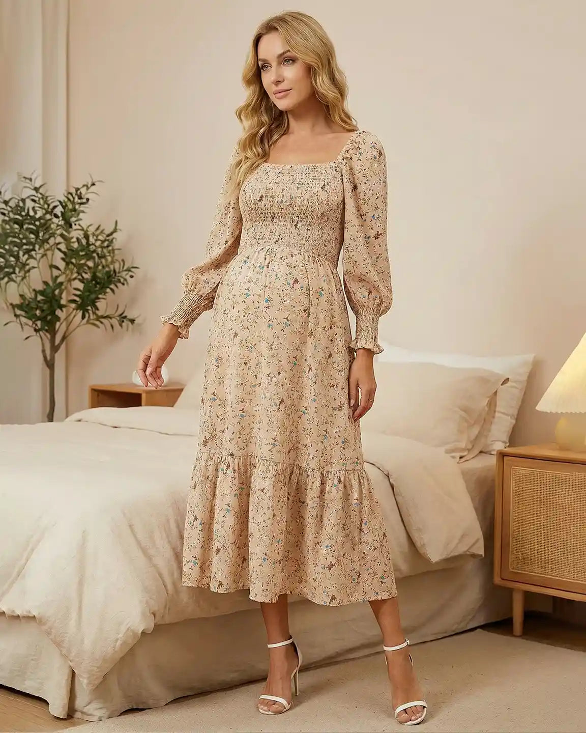 Wrinkle-Resistant Floral Maternity Midi Dress